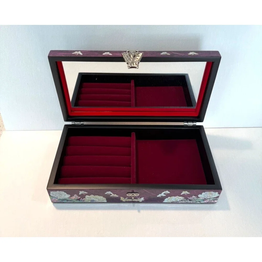 Handmade Korean Mother of Pearl Peony Jewelry Box Wooden Mirror Case Purple